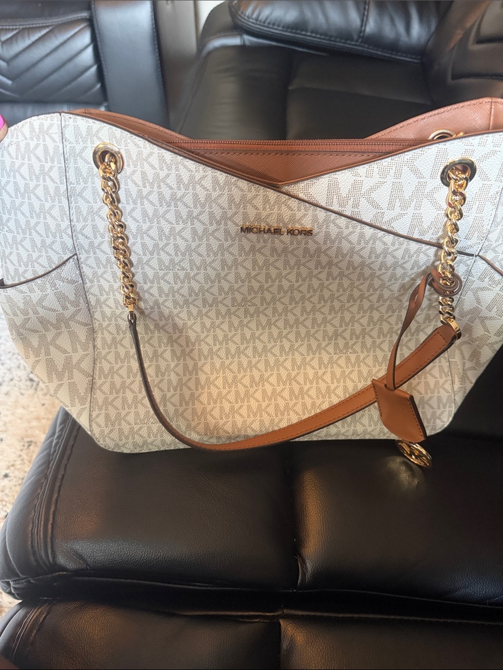 Michael Kors White & Brown Logo Chain-Handle Tote